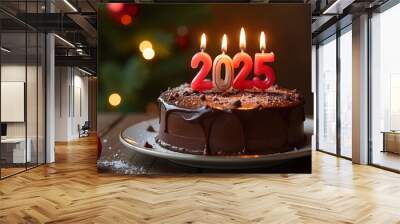 2025 candles on chocolate cake, christmas tree background Wall mural