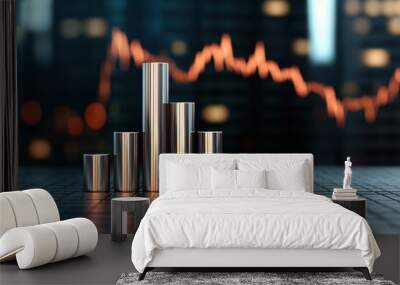 A series of vertical metallic bars arranged like a bar graph, set against a blurred cityscape background with a glowing stock market line graph. Wall mural