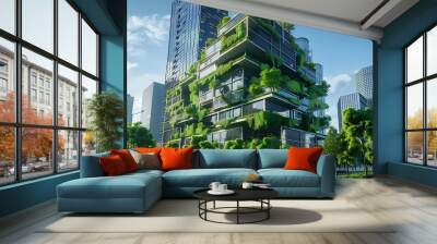 office building. 
Eco-friendly building in a modern city. Eco-friendly glass office building with green space to reduce carbon emissions. Wall mural