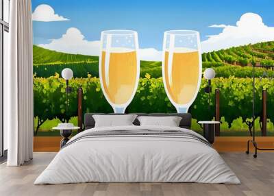 two glasses of champagne. Two glasses filled with champagne, in front of a landscape of rows of grape vines. Wall mural