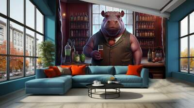 ai generated close up portrait of a hippo dressed as a bartender Wall mural