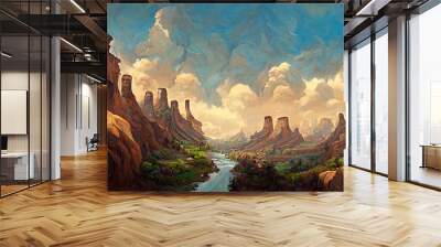 Grandiose canyon valley with tall brown sandstone cliffs, rock formations and sparse semi desert vegetation. Arid dry and hot landscape climate - surreal epic turbulent rain storm clouds. Wall mural