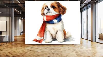 A dog in a red, white, and blue scarf, classic style, isolated on white background Wall mural