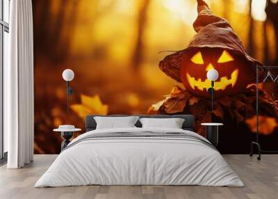 Halloween pumpkin lantern with a witch hat in an autumn forest, creating a spooky and festive atmosphere with warm fall colors. Wall mural