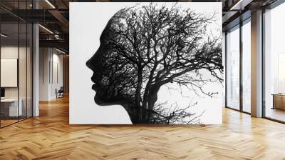 Human silhouette merging with a tree, surrealism, monochromatic, pencil sketch, nature and humanity. Wall mural