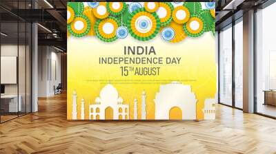 15 th August Indian Independence Day banner design with badge shape flags with Ashoka Chakra and silhouette of Indian monument. Wall mural