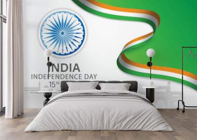 15 th August Indian Independence Day banner template design with Indian flag, Ashoka Chakra and silhouette of Indian monument. Wall mural