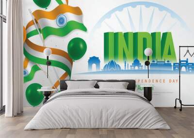 15 th August Indian Independence Day banner template design with Indian flag, balloon and silhouette of Indian monument. vector illustration. Wall mural