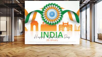 26 th January Indian Republic Day banner template design with Indian flag and silhouette of Indian monument. Wall mural