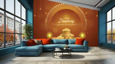 Happy Dhanteras - poster template design with gold coin in pot and decorative diya lamp. Wall mural