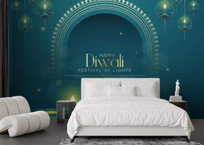 Happy Diwali - festival of lights colorful poster template design with decorative diya lamp Wall mural