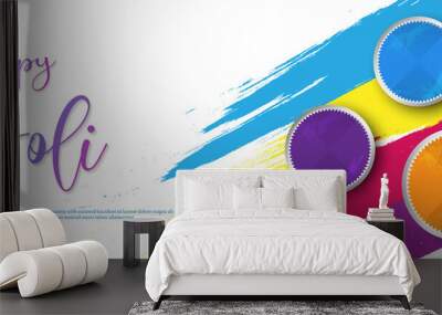 Happy holi festival vector illustration banner template with holi powder color bowls on multicolor background. Wall mural