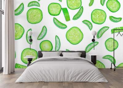 Slices of fresh green aloe vera and cucumber on white background. Wall mural