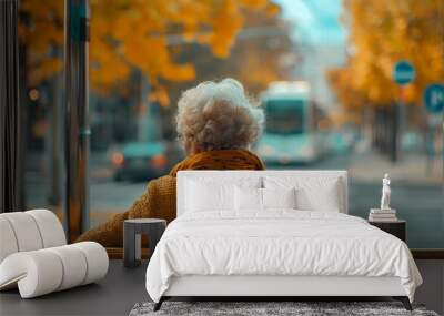 Rear view of a grandmother sitting at a bus stop. Wall mural