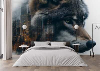 Wolf Cityscape: A Surreal Fusion of Nature and Urban Life Wall mural