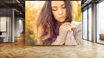 Beautiful lady in autumn landscape Wall mural