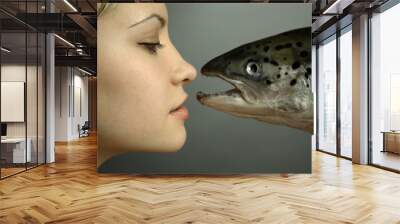 fashionable girl with big fish Wall mural