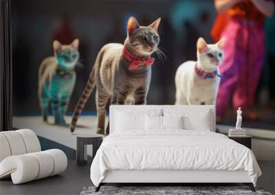 Fashion model cats on the catwalk, Generative AI Wall mural