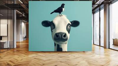 Funny black and white cow with a black and white bird on its head, representing bird flu Wall mural