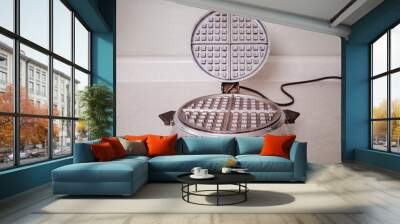 Retro old round chrome waffle maker with aluminum grids Wall mural