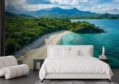 Aerial view of Nanteto beach on Greatala Flat Rock Island, with beautiful clear turquoise water and white sandy beaches, and lush green rainforest mountains in the background, perfect for a summer hol Wall mural