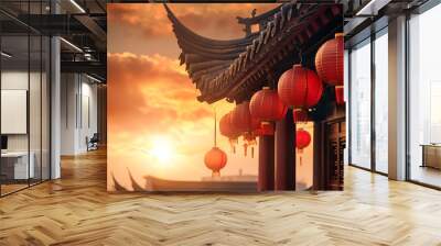 Ancient Joyce architecture, golden sky sunset background, red lanterns hanging on the eaves of buildings, Chinese style architecture, high definition photography in the style of Xian Joyce Wall mural