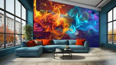 Colorful abstract background with colorful liquid shapes on a dark background, this vector illustration is a high resolution, professional photograph. The ultrawide angle lens captures the intricate d Wall mural