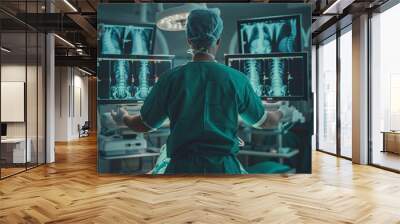 In the operating room, an urban male doctor in green is holding two X-ray images of patient spines on three large monitors and examining them carefully. The entire scene has been captured from behind, Wall mural