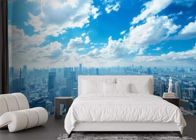 Photo of Japan, Tokyo skyline view from above with blue sky and white clouds, cityscape view of skyscrapers buildings on modern urban background, aerial view, high resolution photography  Wall mural