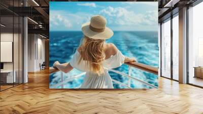 Photo of Woman in hat standing on the deck of cruise ship and looking at sea, view from behind her back. woman with long blonde hair wearing white dress. She is enjoying vacation.
 Wall mural