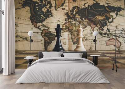 Two chess pieces on a world map, symbolizing global competition and strategy in business or politics. A black king faces a white queen over an old vintage retro background of country maps for travel o Wall mural