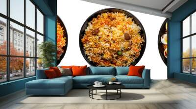 Collage of Nasi Biryani arranged beautifully on a black plate, isolated on a transparent background  Wall mural