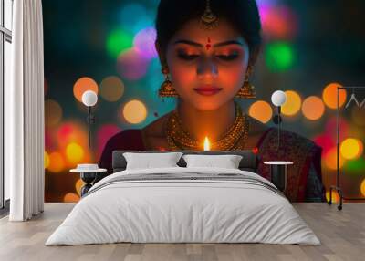 Indian woman dressed in traditional attire, holding a Diwali candle with a bokeh background of colorful lights Wall mural