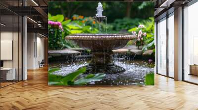 serene fountain in a tranquil yard setting, surrounded by lush greenery and blooming flowers Wall mural