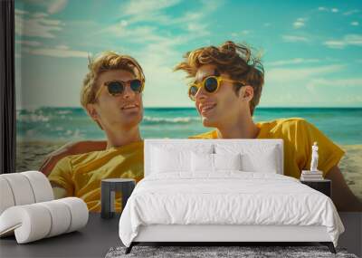 Two young men in yellow shirts and sunglasses enjoying a sunny day at the beach Wall mural