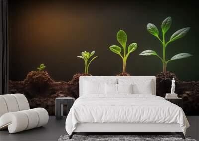 A metaphor for business growth and development. Four young plant each next one is higher than the previous one, in the daylight on nature background. AI. Wall mural