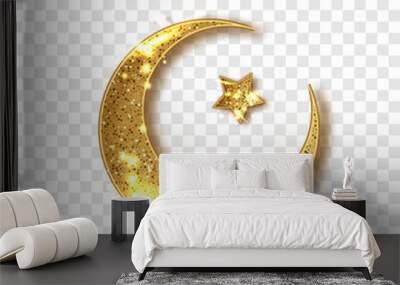 Ramadan decoration isolated. Gold shiny glitter glowing half moon with star isolated. Crescent Islamic for Ramadan Kareem design element. Vector illustration Wall mural