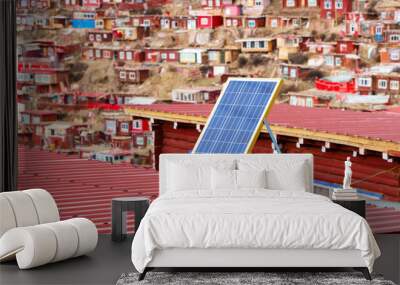 Solar panel on a red roof at Larung gar (Buddhist Academy) in Sichuan, China Wall mural