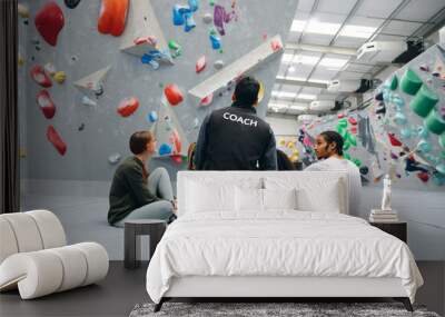 Group Of Friends Being Safety Given Briefing By Male Coach At Indoor Wall Climbing Centre Wall mural