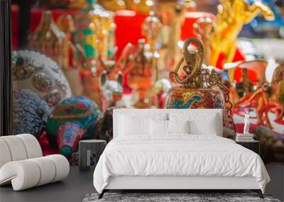 Bhutanese handicrafts and souvenir shops selling beautiful artistic and religious objects at the basecamp of Tiger's nest Wall mural