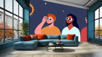 A group of people wearing safety glasses watch a solar eclipse. Vector illustration Wall mural