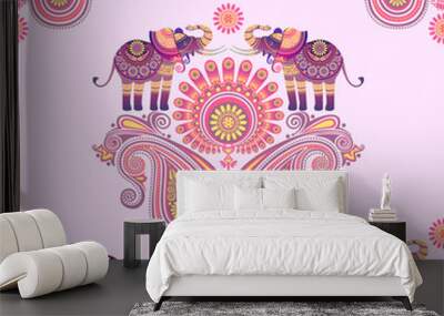 Seamless pattern of indian elephants and flowers. Paisley. Ornament stylized as the culture of India. Vector graphics Wall mural