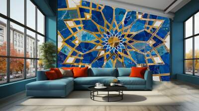 A beautiful and intricate geometric pattern of blue, gold and white Islamic Wall mural