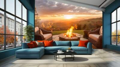 A fire pit is lit in front of two wicker chairs Wall mural