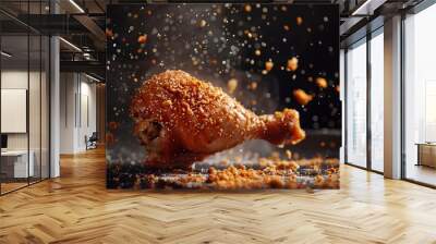 A fried chicken leg with crumbs floating around it Wall mural