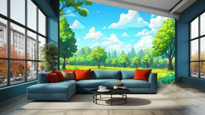 A lush green field with trees and a blue sky Wall mural