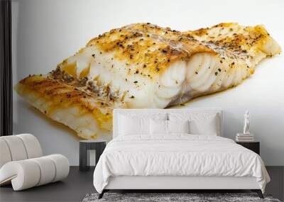 A piece of pan-fried haddock with skin, Very appetizing, White background Wall mural