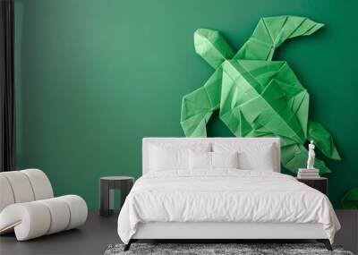 banner Green paper turtle origami isolated on a background place for text Wall mural