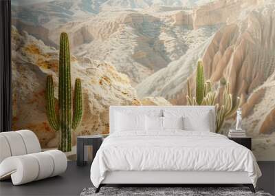 Banner space for text: 3D rendering of a podium with a rock and cactus background, featuring desert sand and a clay pot Wall mural