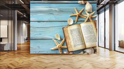 Banner space for text: A serene summer sea backdrop adorned with starfish, shells, and a wooden surface, featuring an open book and a seashell bookmark Wall mural